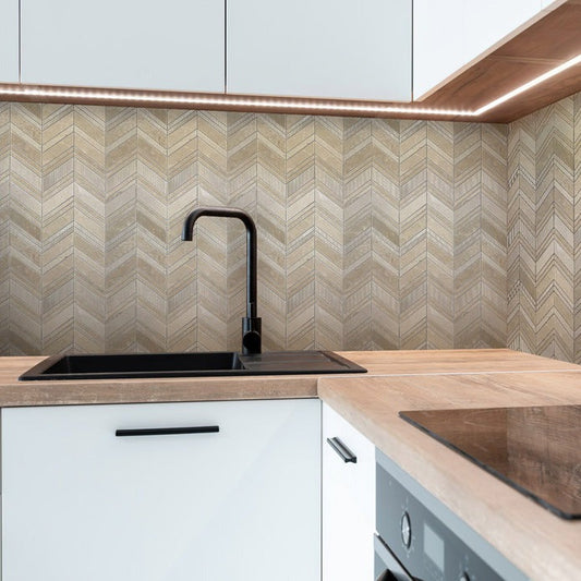 Beige 13x13 Polished Etched Herringbone Marble Mosaic Tile (5 pack, 6.09 sq ft/case) - Sample