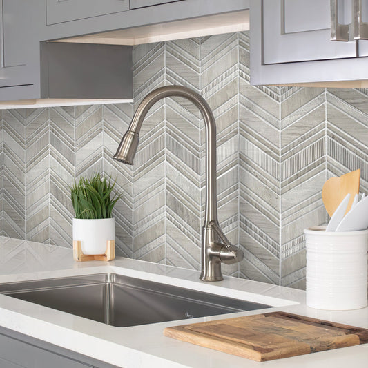 Sample-Wooden Grey 13x13 Polished Etched Herringbone Marble Mosaic Tile (5 pack, 6.09 sq ft/case)