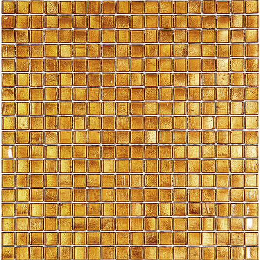 Glossy goldenrod brown 12x12 square glass mosaic tile sheet with uniform small tiles