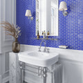 Cobalt blue 12x12 glossy glass brick mosaic tile on bathroom wall backsplash