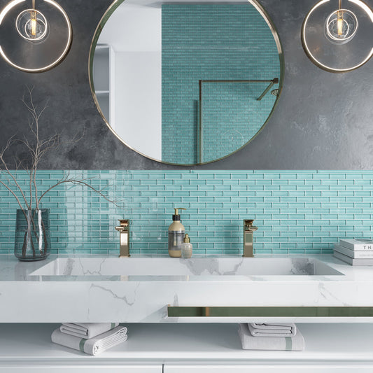 Sky Blue 12x12 Glossy Brick Glass Mosaic Tile (5 pack, 4.92 sq ft/case) - Sample