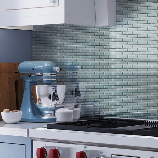 Stone blue glossy glass tile backsplash with rectangular subway mosaic, polished finish, 12x12 inches