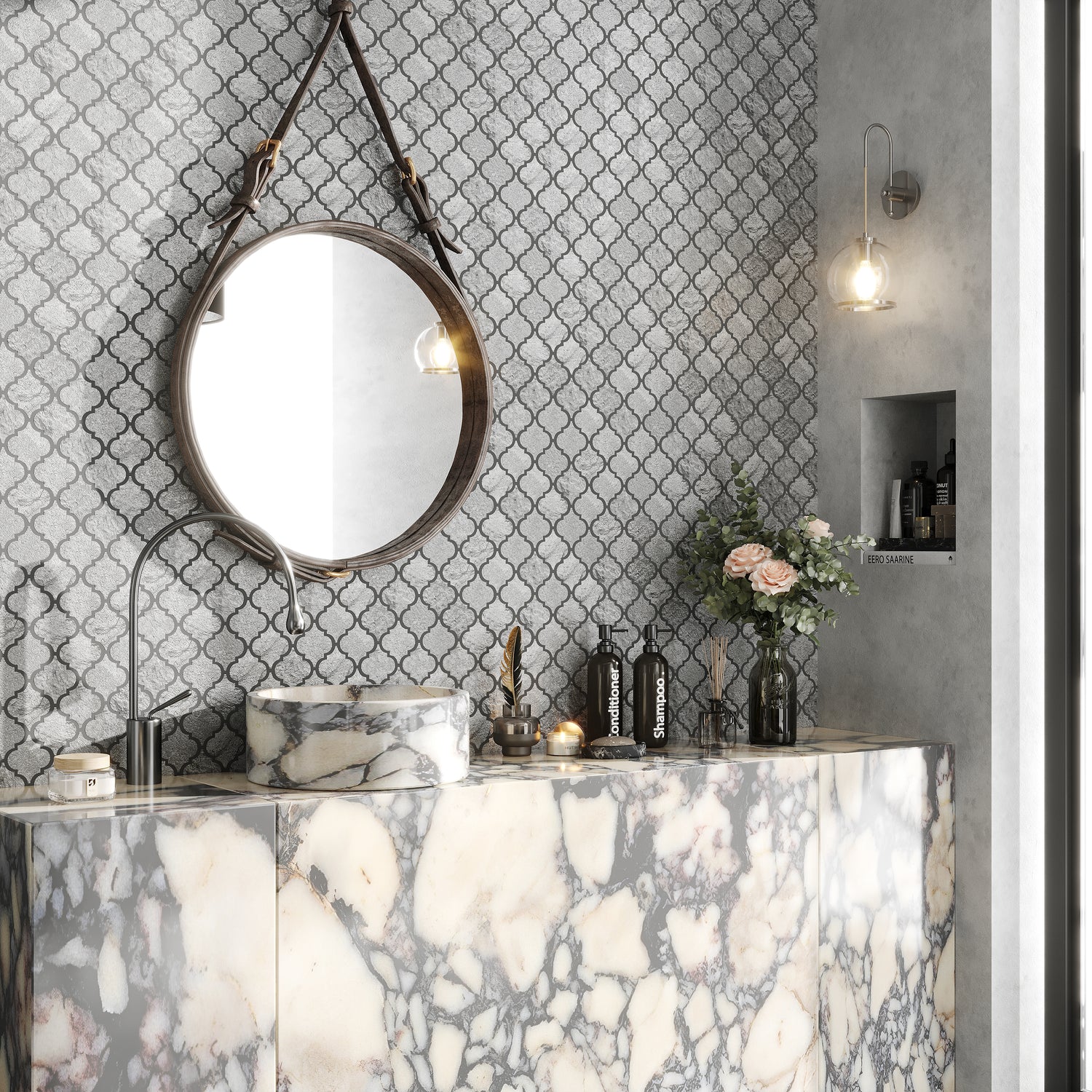 Sample - Silver Gray 12x12 Textured, Foiled Resin Arabesque Mosaic Tile (5 sq ft/case, 5-Pack)
