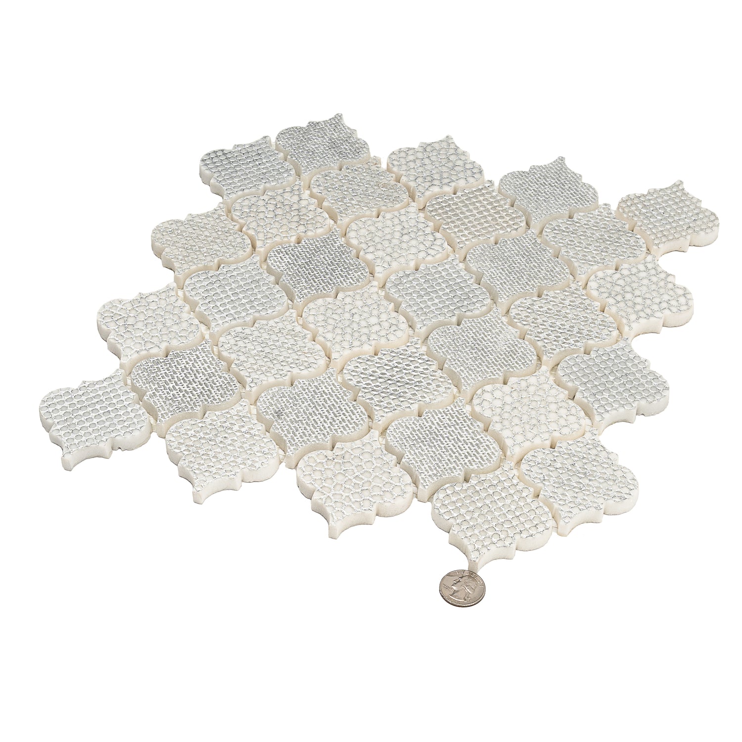 Silver White 12x12 Textured, Foiled Stone Arabesque Mosaic Tile (5 sq ft/case, 5-Pack)