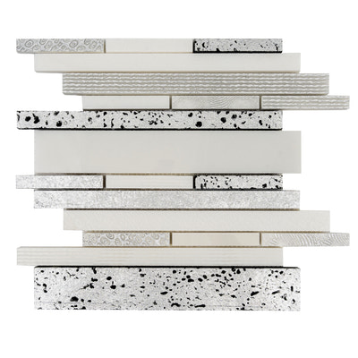 white silver 12x12 polished textured foiled stone linear stick mosaic tile with mixed patterns