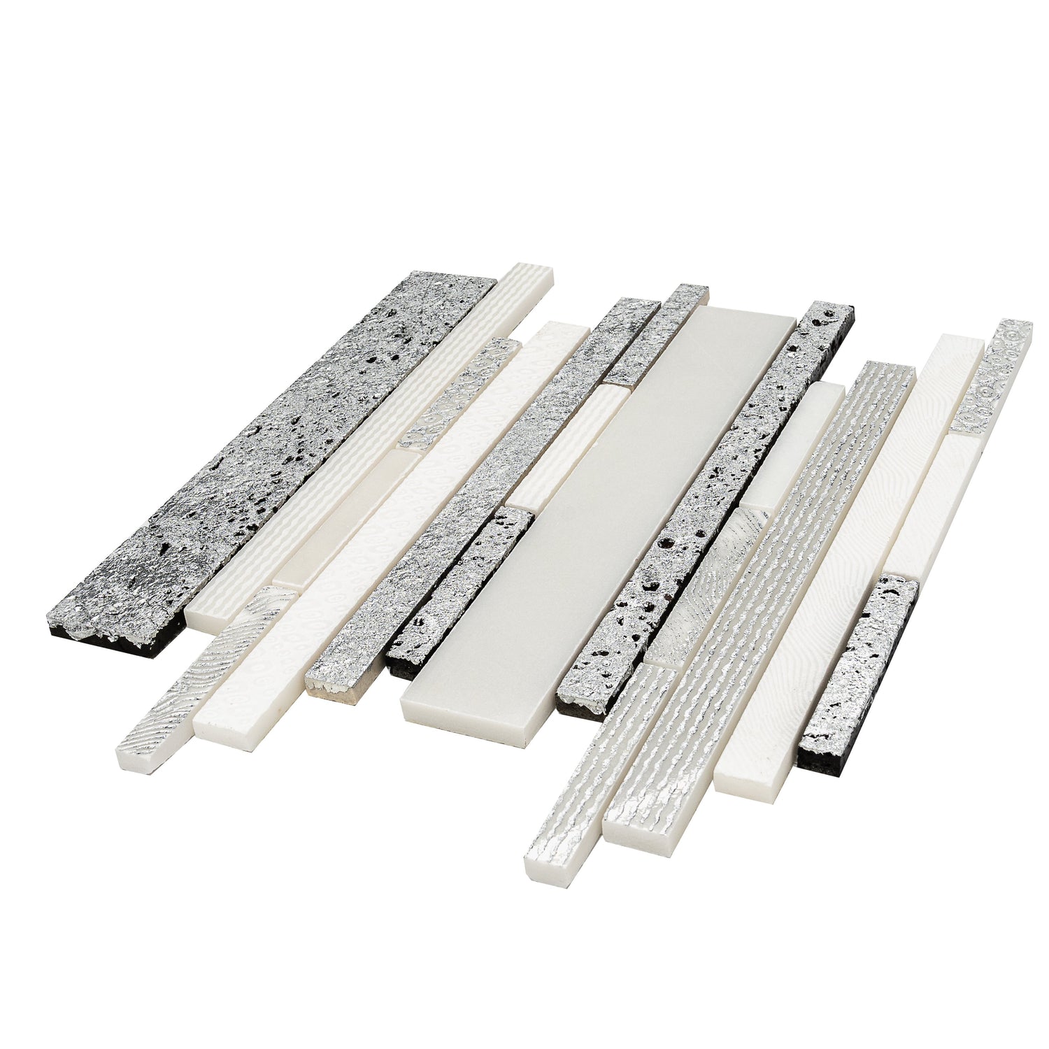 Sample - White Silver 12x12 Polished, Textured, Foiled Stone Linear Stick Mosaic Tile (4.83 sq ft/case, 5-Pack)