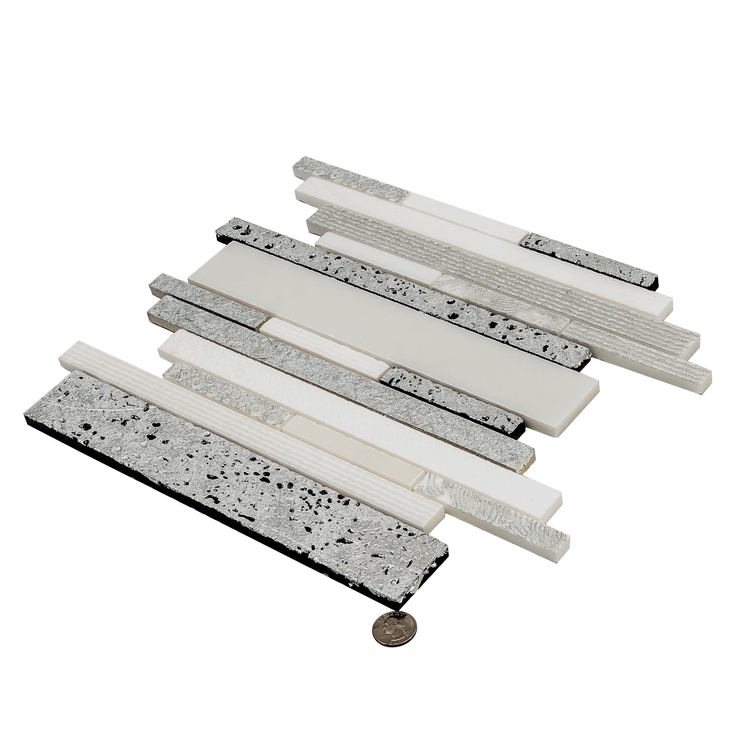 White Silver 12x12 Polished, Textured, Foiled Stone Linear Stick Mosaic Tile (4.83 sq ft/case, 5-Pack)