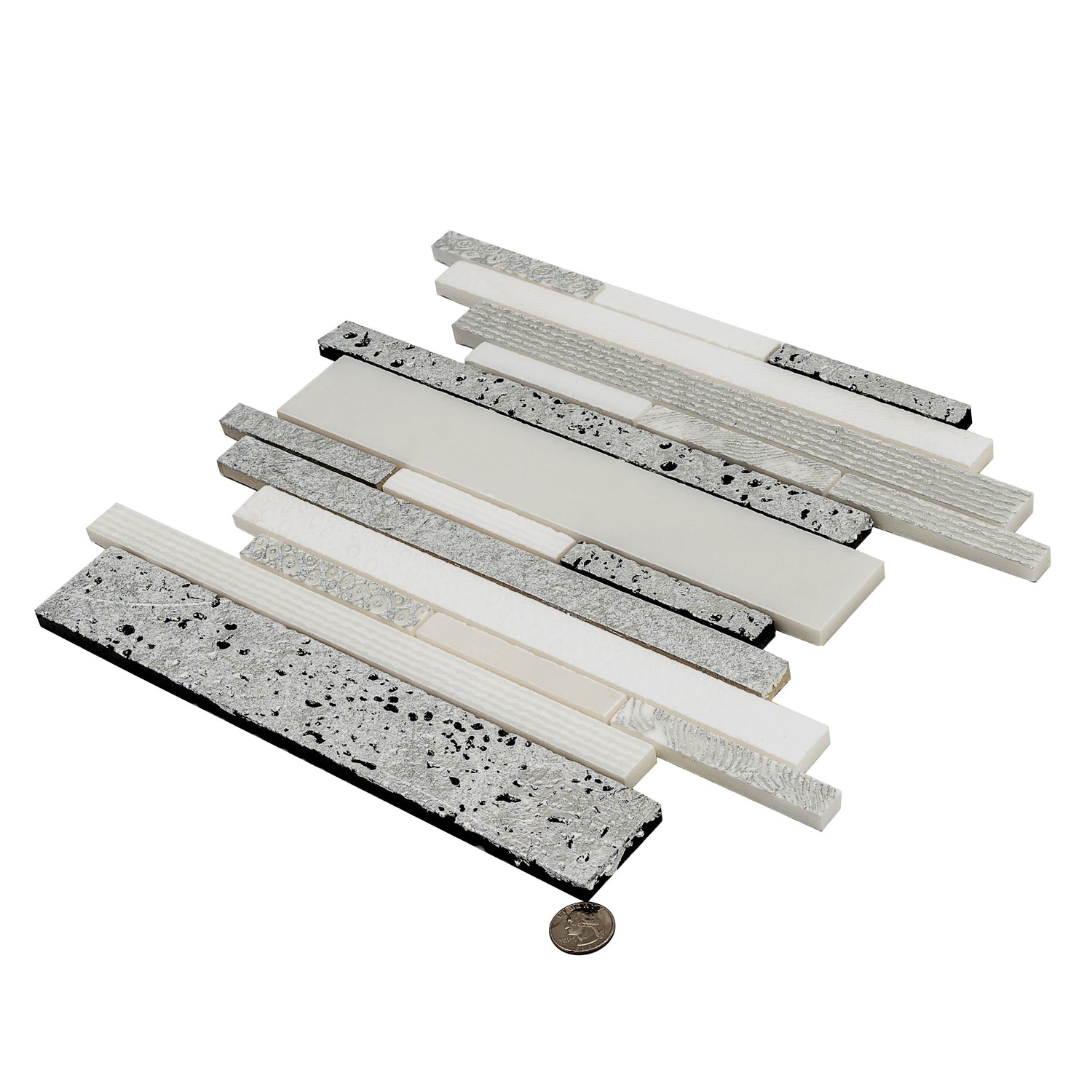 Sample - White Silver 12x12 Polished, Textured, Foiled Stone Linear Stick Mosaic Tile (4.83 sq ft/case, 5-Pack)