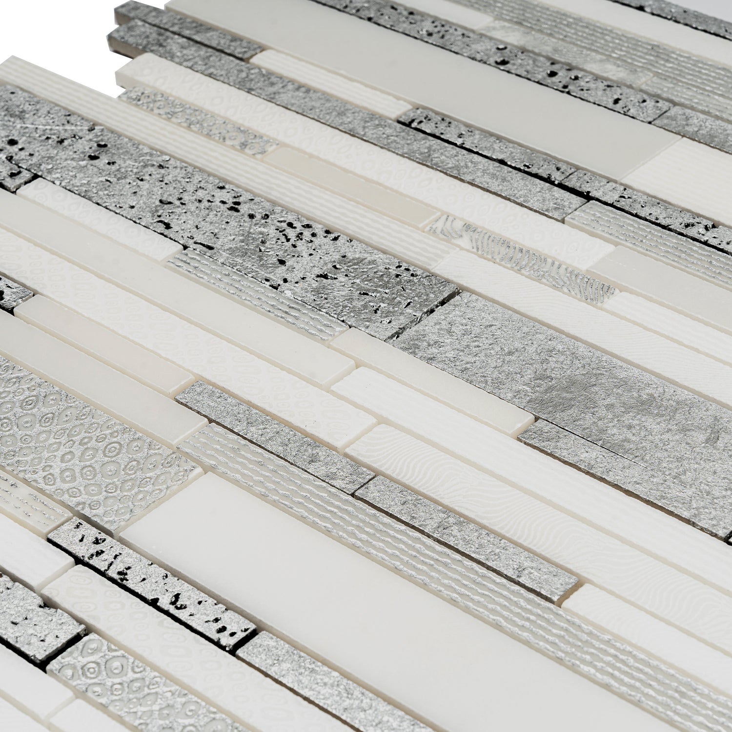 Sample - White Silver 12x12 Polished, Textured, Foiled Stone Linear Stick Mosaic Tile (4.83 sq ft/case, 5-Pack)
