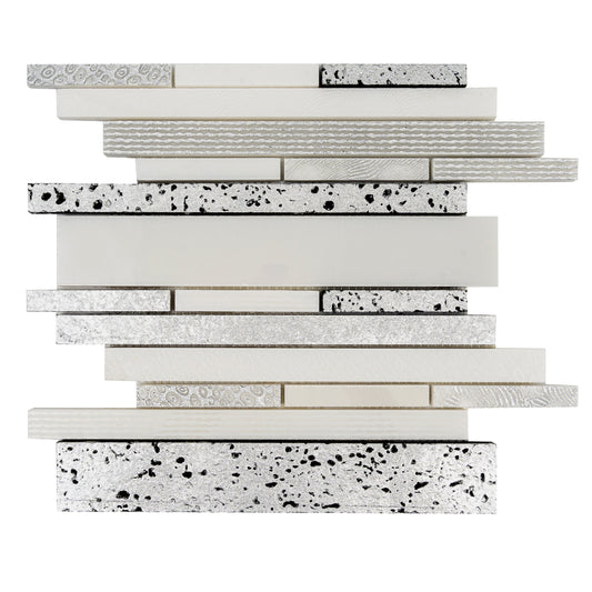 Sample-White Silver 12x12 Polished, Textured, Foiled Stone Linear Stick Mosaic Tile (4.83 sq ft/case, 5-Pack)