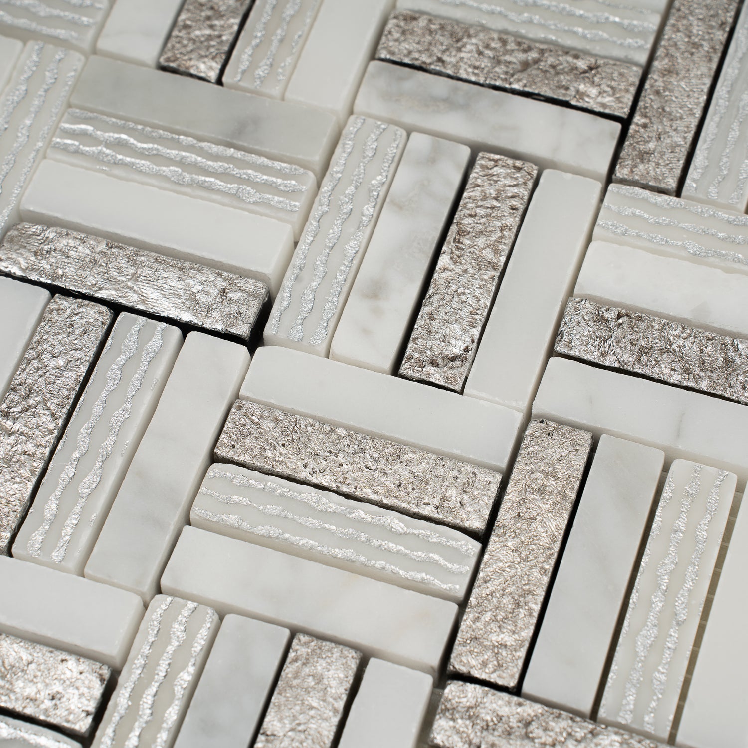 Silver White 12x12 Polished, Textured, Foiled Stone Square Mosaic Tile (4.83 sq ft/case, 5-Pack)