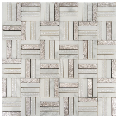 Silver white 12x12 polished textured foiled stone square mosaic tile with geometric pattern