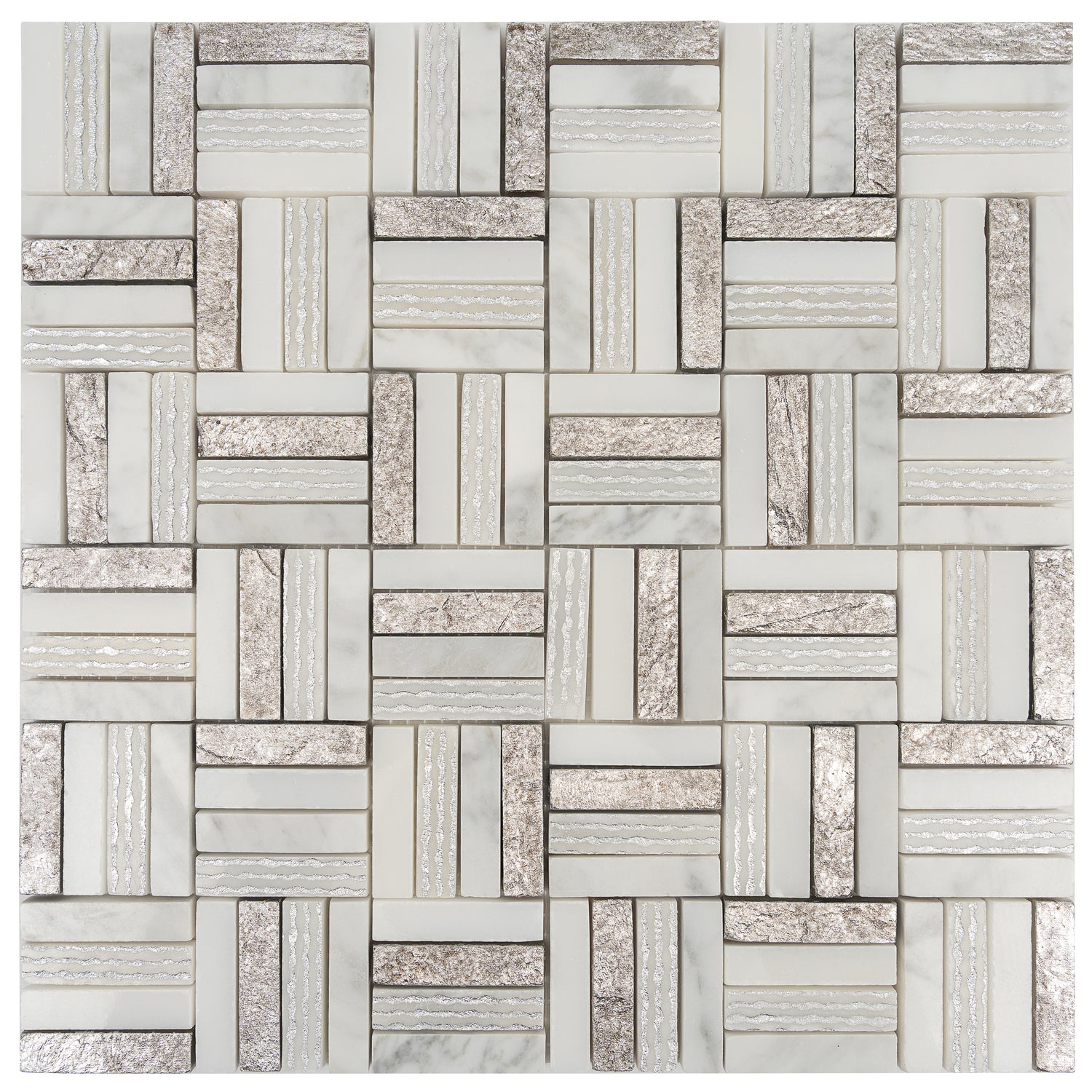 Silver White 12x12 Polished, Textured, Foiled Stone Square Mosaic Tile (4.83 sq ft/case, 5-Pack)