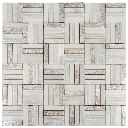 Silver White 12x12 Polished, Textured, Foiled Stone Square Mosaic Tile (4.83 sq ft/case, 5-Pack)