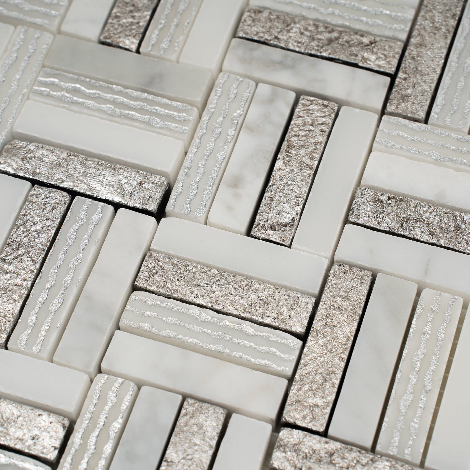 Sample - Silver White 12x12 Polished, Textured, Foiled Stone Square Mosaic Tile (4.83 sq ft/case, 5-Pack)