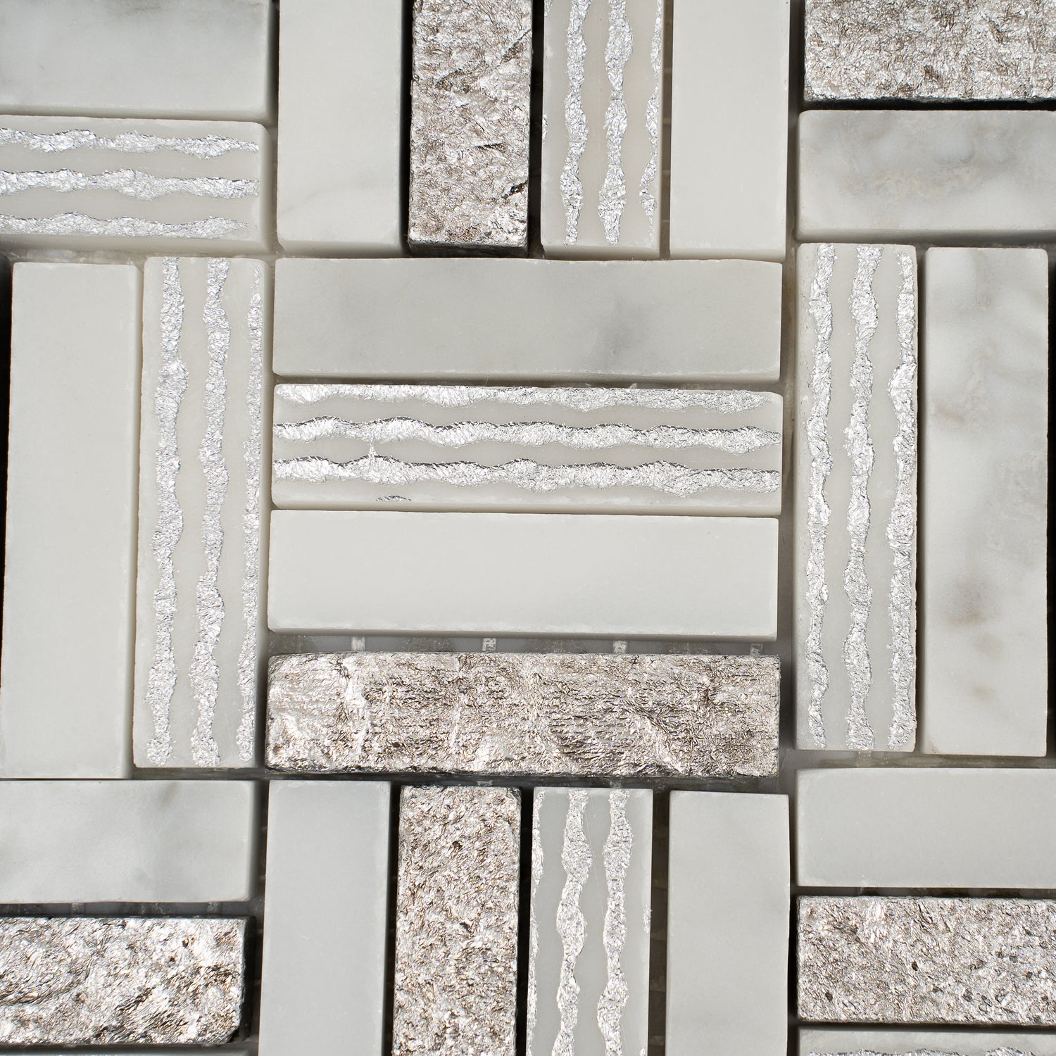 Silver White 12x12 Polished, Textured, Foiled Stone Square Mosaic Tile (4.83 sq ft/case, 5-Pack)