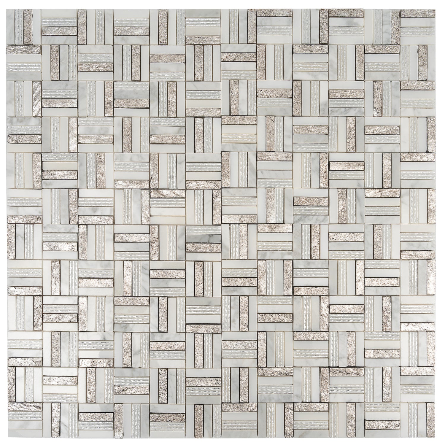 Silver White 12x12 Polished, Textured, Foiled Stone Square Mosaic Tile (4.83 sq ft/case, 5-Pack)