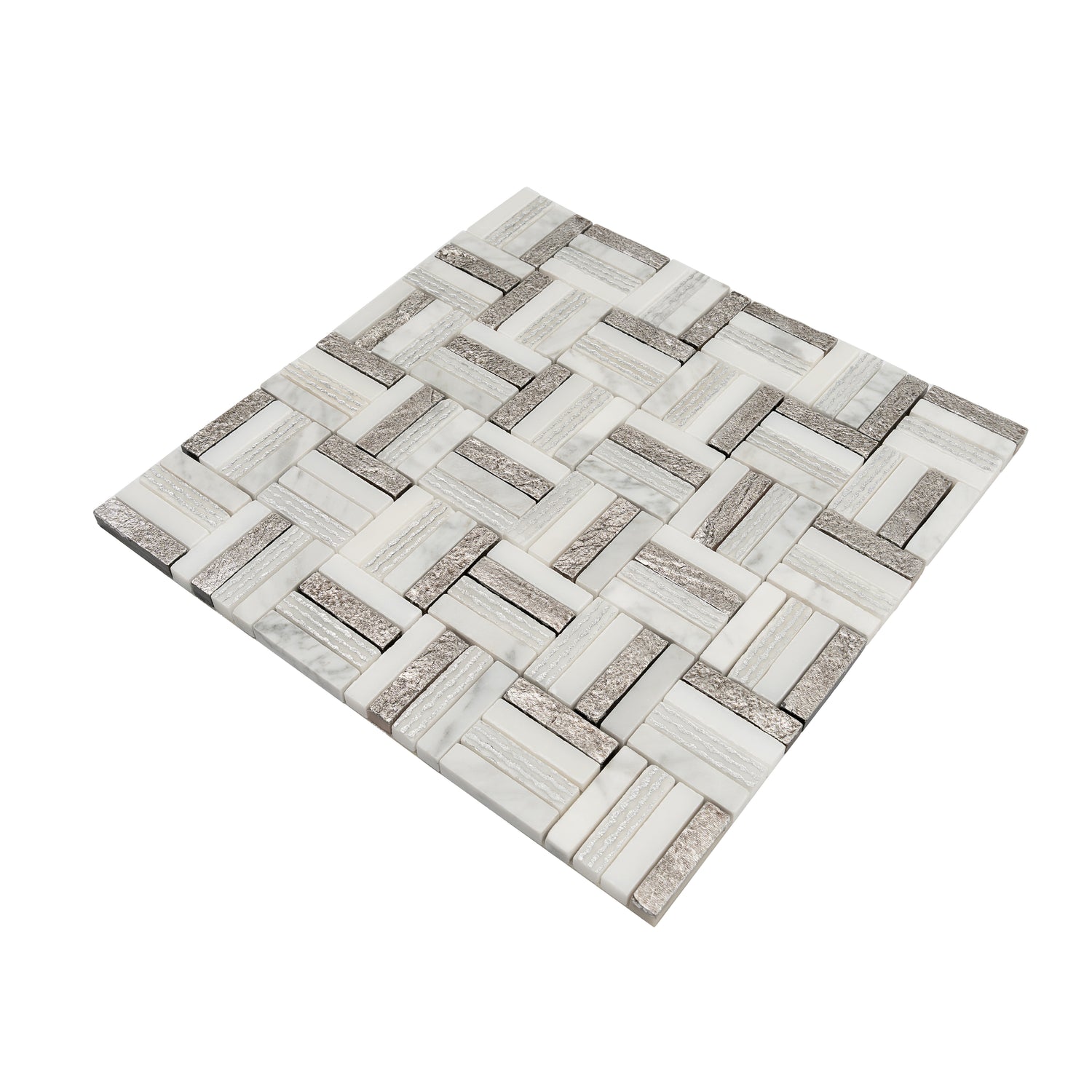 Silver White 12x12 Polished, Textured, Foiled Stone Square Mosaic Tile (4.83 sq ft/case, 5-Pack)