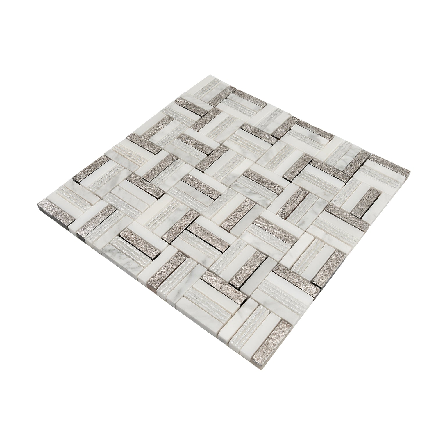Sample - Silver White 12x12 Polished, Textured, Foiled Stone Square Mosaic Tile (4.83 sq ft/case, 5-Pack)
