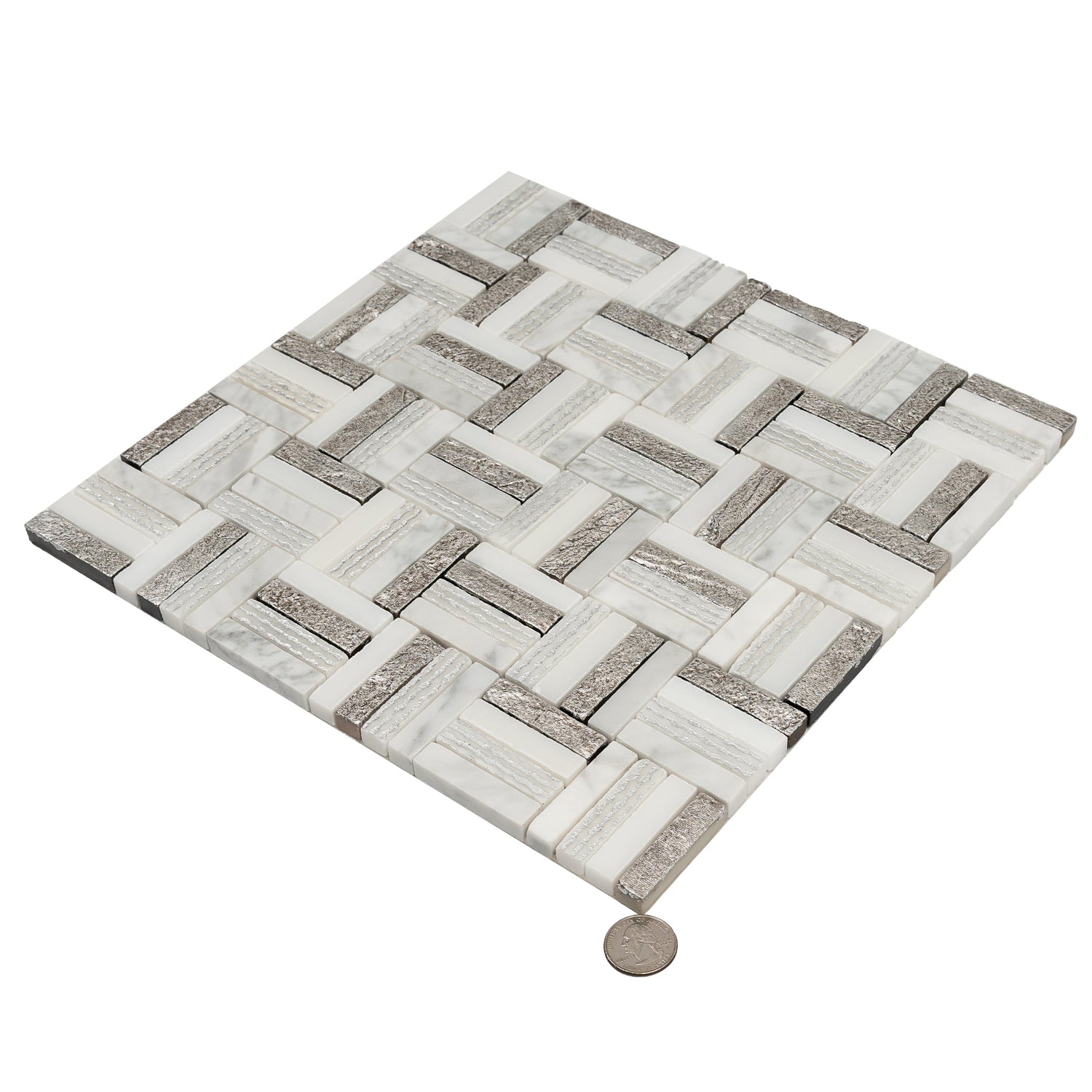 Sample - Silver White 12x12 Polished, Textured, Foiled Stone Square Mosaic Tile (4.83 sq ft/case, 5-Pack)