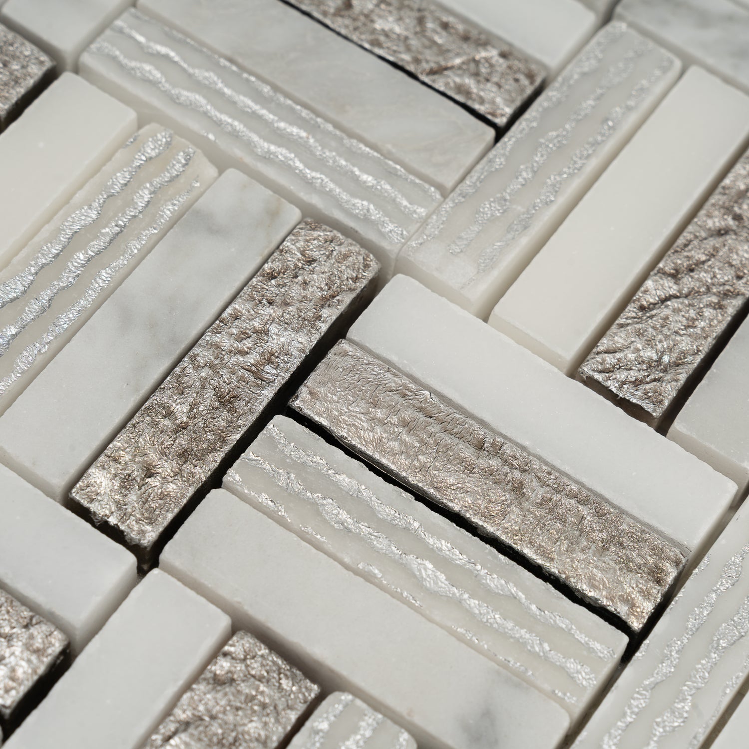 Silver White 12x12 Polished, Textured, Foiled Stone Square Mosaic Tile (4.83 sq ft/case, 5-Pack)