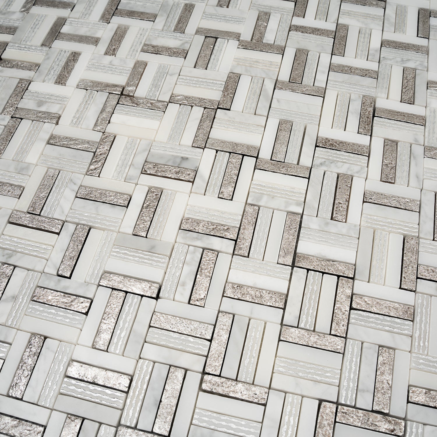 Sample - Silver White 12x12 Polished, Textured, Foiled Stone Square Mosaic Tile (4.83 sq ft/case, 5-Pack)