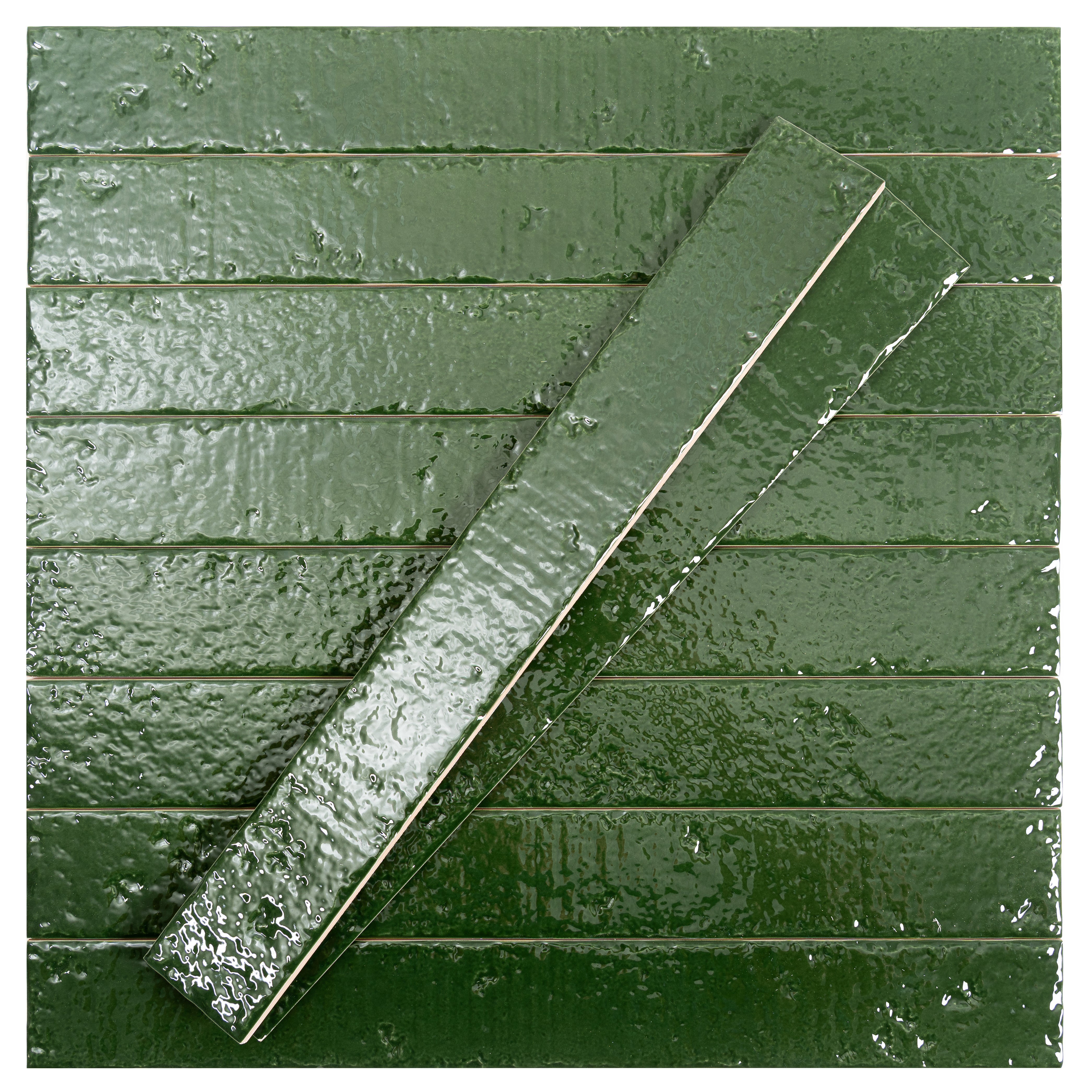 曇天と川 Tropical Green 2x16 Glossy Zellige Subway Ceramic Tile (50 pack