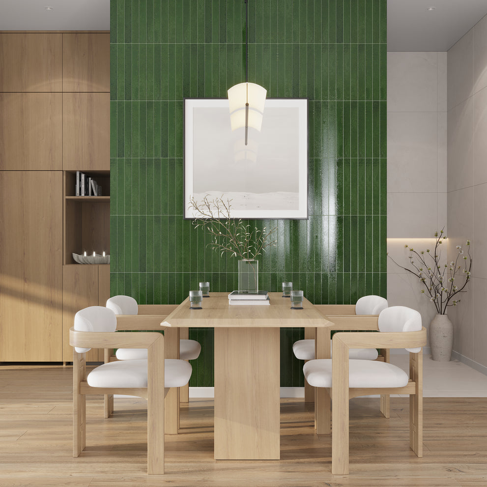 Glossy Zellige subway ceramic tile in a bright tropical green tone