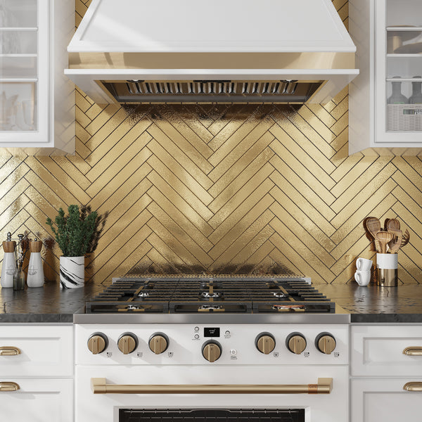 Brushed Gold 2x16 Glossy Zellige Subway Ceramic Tile (50 pack