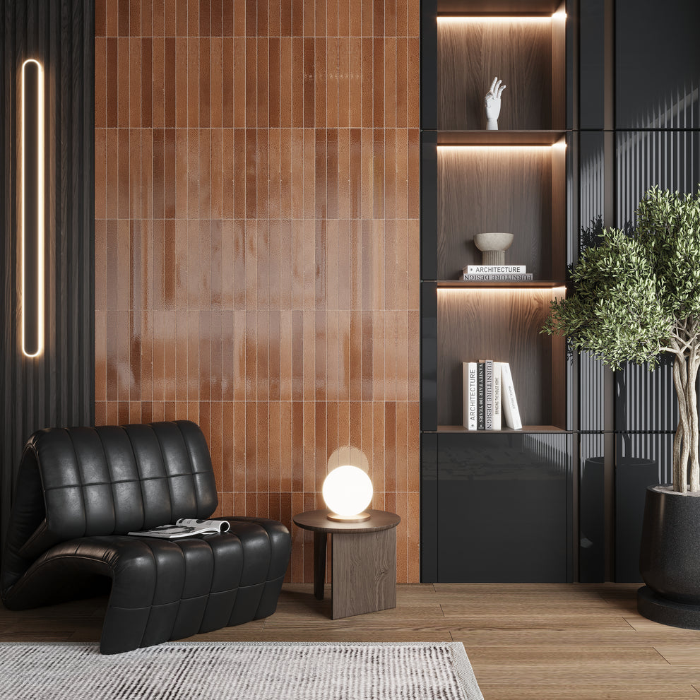 Glossy terra mocha ceramic wall tile in a Moroccan-inspired Zellige design