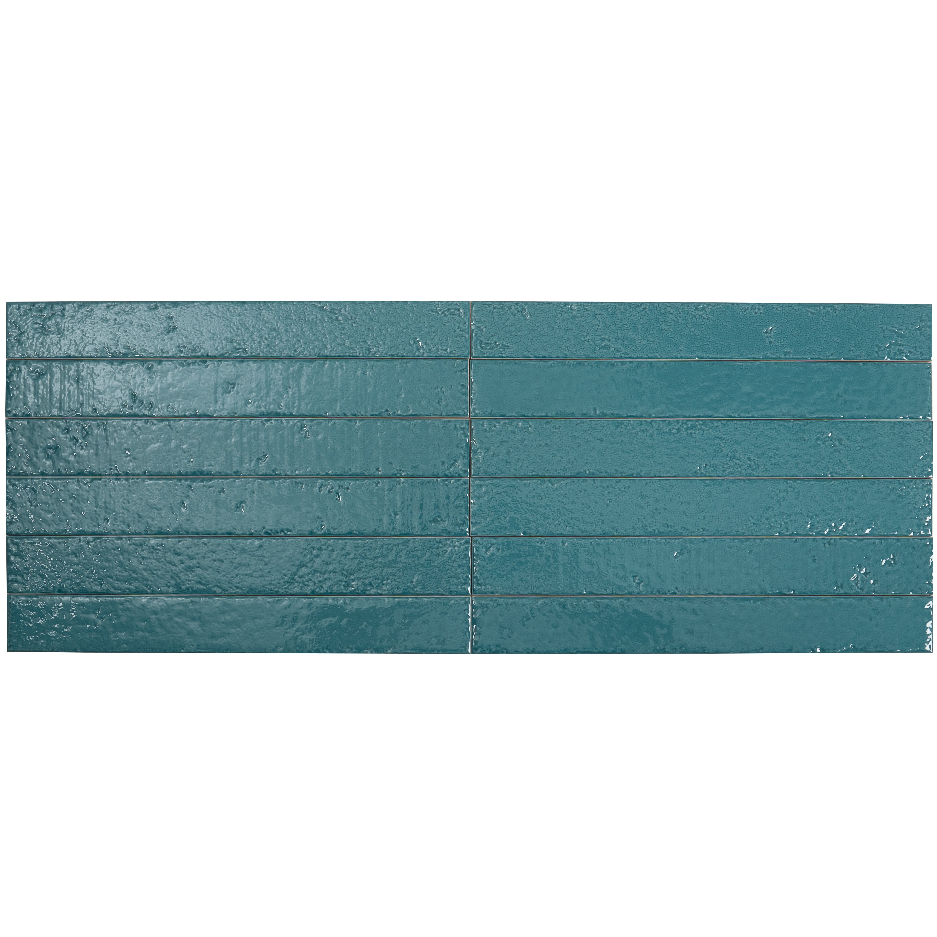 つんきち Tropical Teal 2x16 Glossy Zellige Subway Ceramic Tile (50 pack