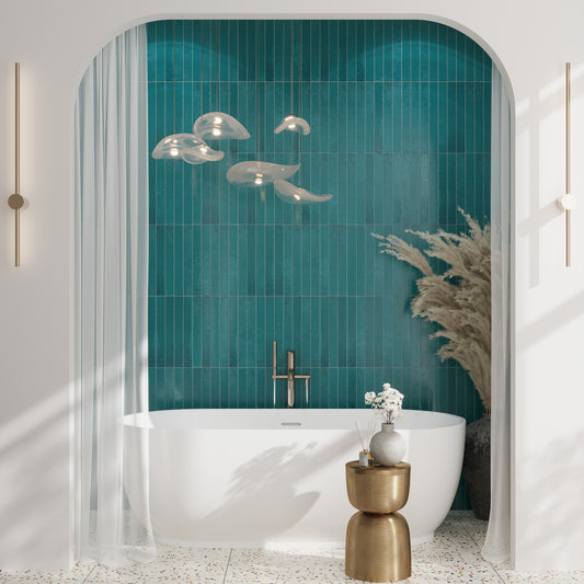 Tropical Teal 2x16 Glossy Zellige Subway Ceramic Tile (50 pack, 10.76 sq ft/case)