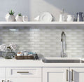 Glossy powder white glass mosaic tile backsplash with subway or brick pattern, 12x12 inches