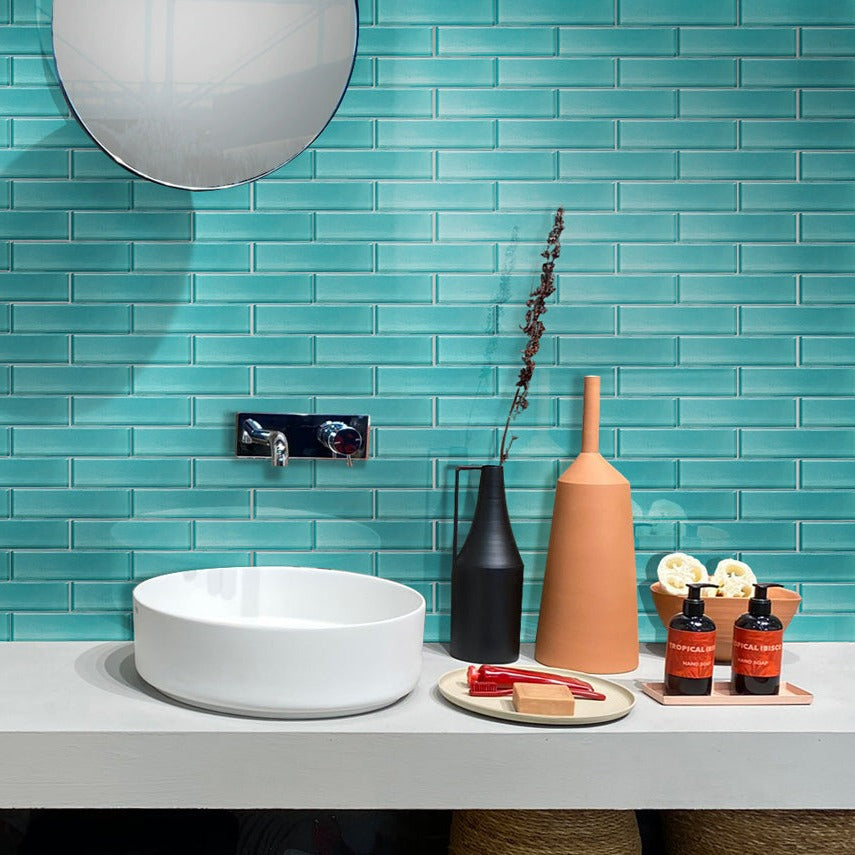 Ocean Blue 12x12 Glossy Brick Glass Mosaic Tile (5 pack, 4.83 sq ft/case) - Sample