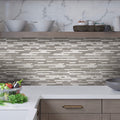 Gray glossy matte textured glass mosaic tile backsplash with linear pattern, 12x12 inches