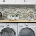 Beige 12x12 glossy matte textured linear glass mosaic tile backsplash in kitchen setting