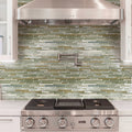 Gray brown glass and metal linear mosaic tile backsplash with glossy and matte finish in kitchen wall
