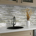 Gray glossy and matte glass metal mosaic tile backsplash with linear brick design, 12x12 inches