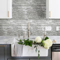 White and silver linear glass and metal mosaic tile backsplash with glossy and matte finishes, 12x12 inches
