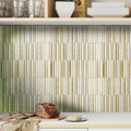 Gold glossy glass mosaic tile, 12x12, rectangular stacked pattern, kitchen backsplash installation