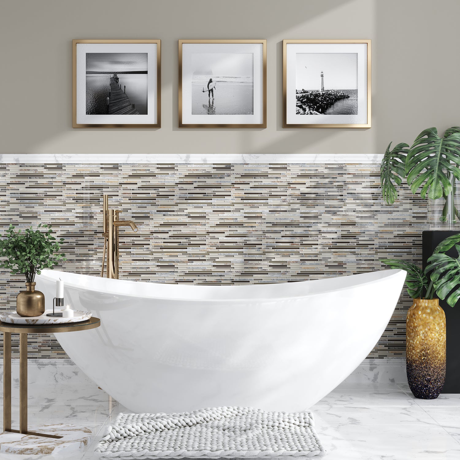 Sample-Gray Brown 12x12 Linear Glossy Matte Textured Glass Stone Mosaic Tile (5 pack, 4.83 sq ft/case)