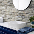 gray brown linear glass and stone mosaic tile backsplash with matte textured and glossy finish, 12x12 inches