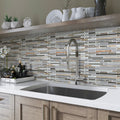 Gray and brown glossy matte textured linear glass and stone mosaic tile backsplash, 12x12 inches