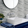 White 12x12 brick glass and stone mosaic tile with polished and matte finish on bathroom wall