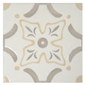9x9 white porcelain tile with muted gray and beige floral and geometric pattern
