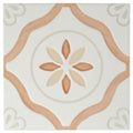 off-white 9x9 porcelain tile with matte clay floral pattern and glossy finish