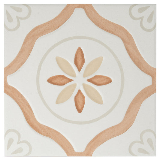 Sample-Clay off-white 9x9 Matte, Glossy Floral Square Porcelain Tile (13 pack, 6.96 sq ft/case)