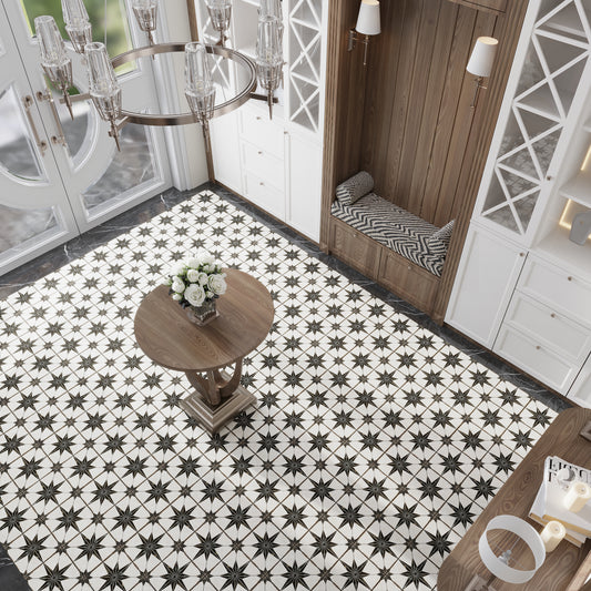 Black White 9x9 Matte-Layer Tech Star Square Porcelain Tile (13 pack, 6.96 sq ft/case)