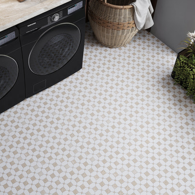 white and beige octagon and dot polished marble mosaic tile flooring in laundry room