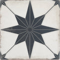 8x8 porcelain white tile with black eight-point star motif and geometric corner accents